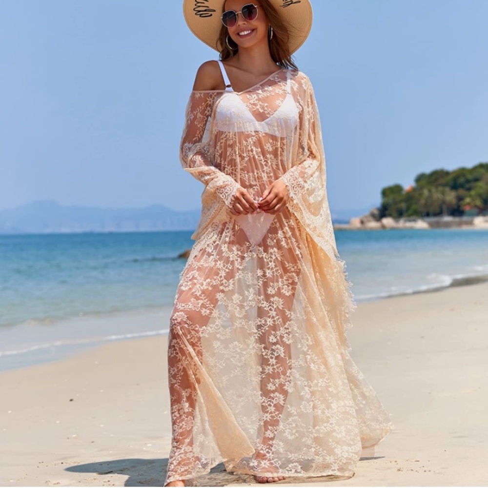 Cover up Robe Women Boho Beach Eyelash Lace Soft Thin Oversized Apricot - Picture 3 of 6